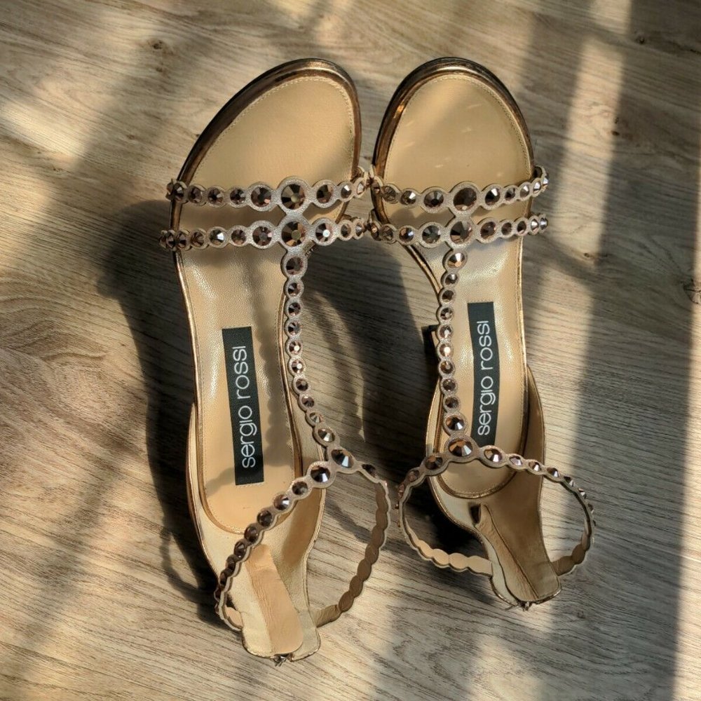 Sergio Rossi Crystal Embellished Grecian Stiletto Heels Rose Gold Copper - Picture 9 of 12